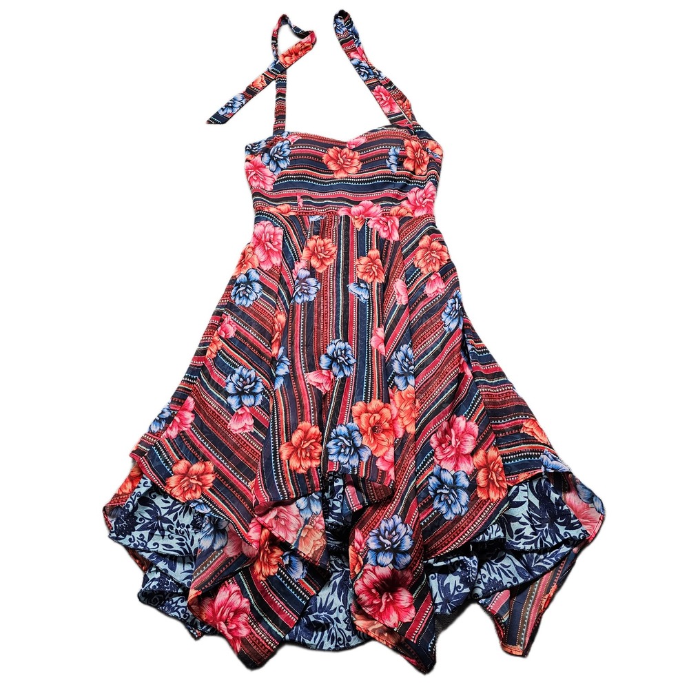 Guess‎ Fit & Flare Dress Womens 2 Multi Floral Halter Neck High Low Hem Back Zip